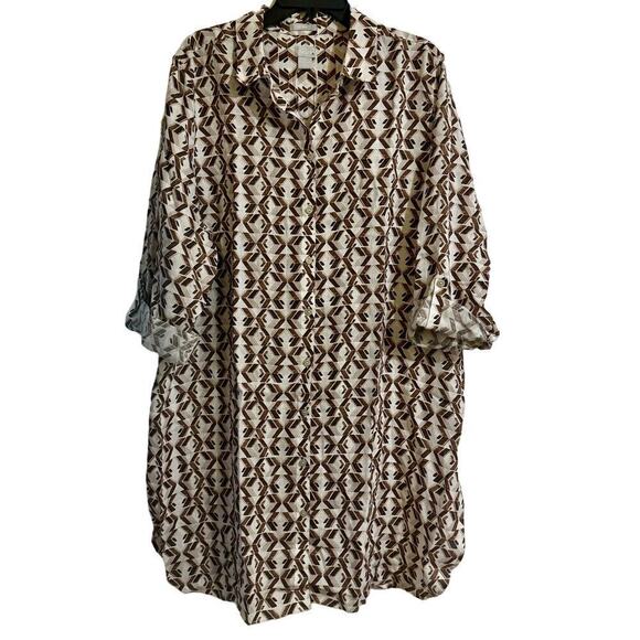 Chicos Size 4 US XXL 20 Linen Fun Time CEO No Iron Maxi Tunic 3/4 Sleeve Brown - Picture 3 of 9